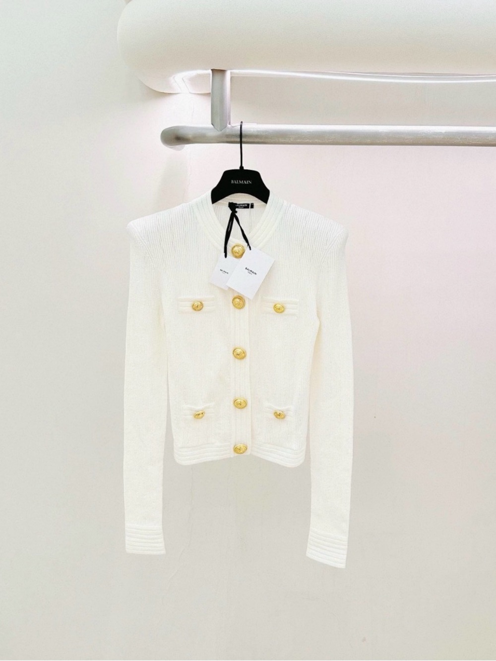 Balmain Cream Ribbed Knit Jacket with Gold Buttons